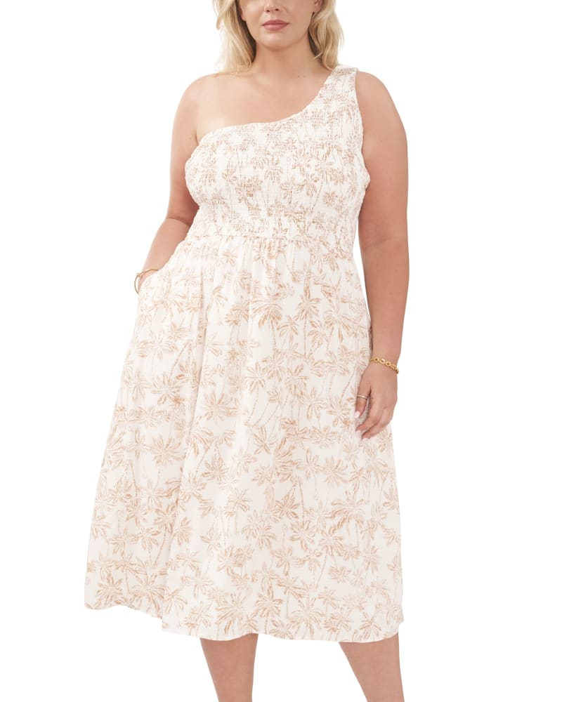Front of a model wearing a size 0X Allegra One Shoulder Dress in ETCHED PALM by 1.State. | dia_product_style_image_id:262455